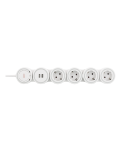 DELTACO Joustava jatkojohto 4 koskettimella, 1,4m, 16A 3500W, 2x USB-A