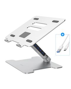 Kannettavan tietokoneen teline USB-keskittimellä, 4 USB 3.0, säädettävä, nosto/laskettava Alu-hopea