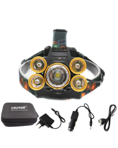 Ladattava LED-otsalappu juoksuun ja suuntautumiseen, 5 lamppua, IPX4, zoom, paristot